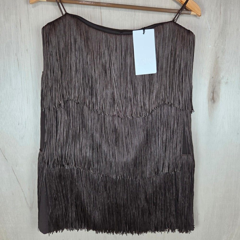 Zara Brown Fringe Tiered Mini Dress Strapless Flapper Style Women Large Festival